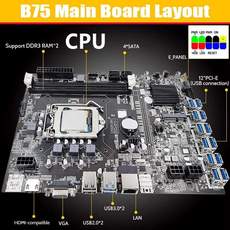 B75 Eth Mining Motherboard 12 Pcie to Usb with Cpu+switch Cable