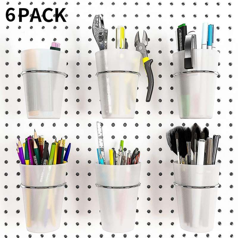 6 Sets Pegboard Bins with Rings Hooks with Pegboard Cups Transparent