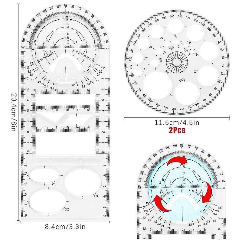 4 Piece Multifunctional Geometric Ruler Set, with 2 Circle Templates