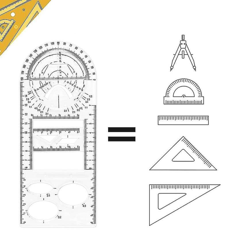 4 Piece Multifunctional Geometric Ruler Set, with 2 Circle Templates