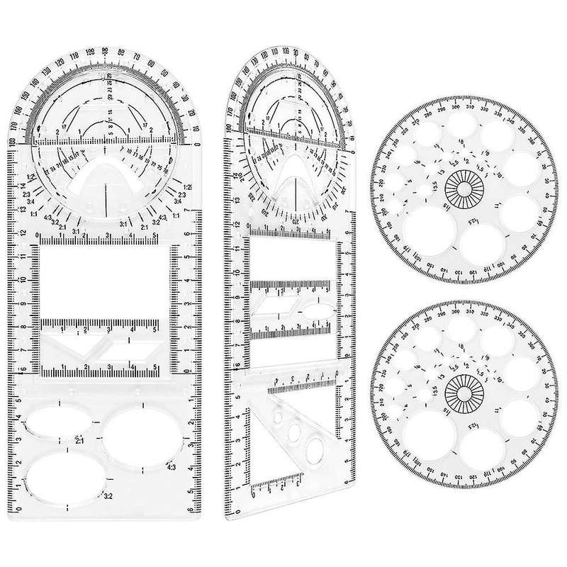 4 Piece Multifunctional Geometric Ruler Set, with 2 Circle Templates
