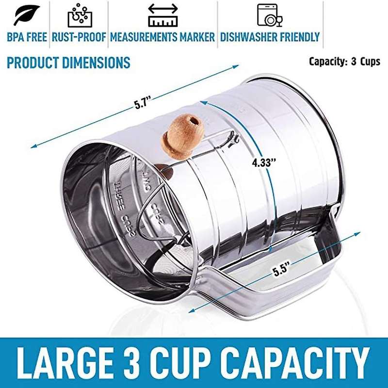 3 Cup Stainless Steel Flour Sifter - Hand Crank Flour Sifte