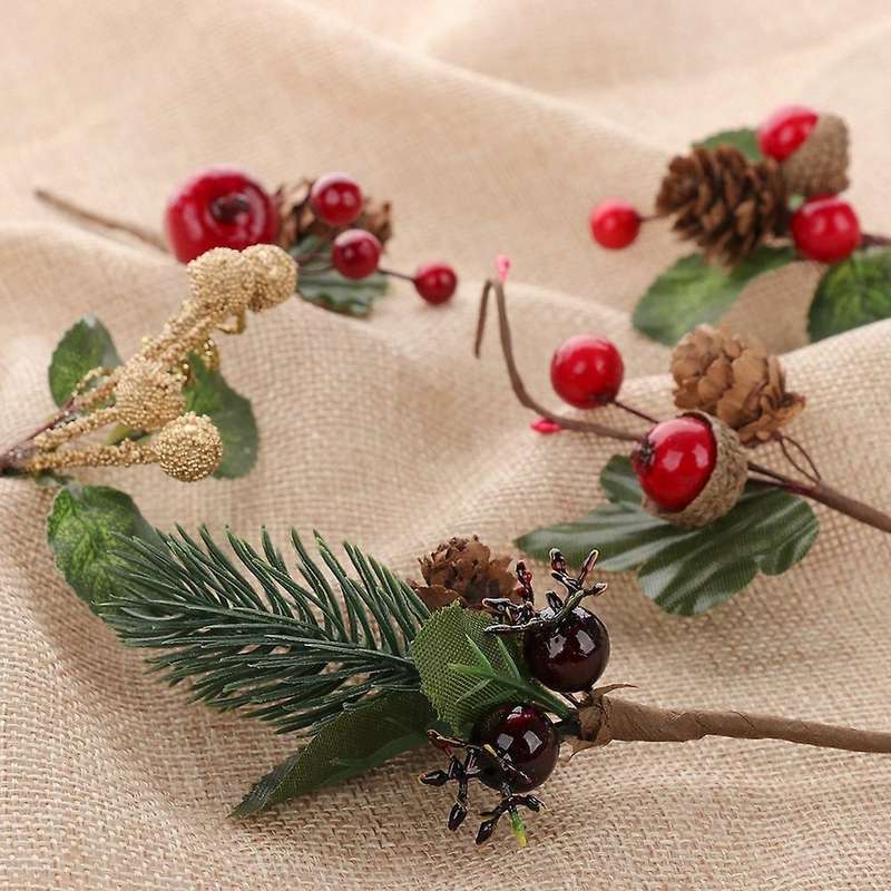 15pcs Red Christmas Berry and Pine Cone with Holly Branches for Decor