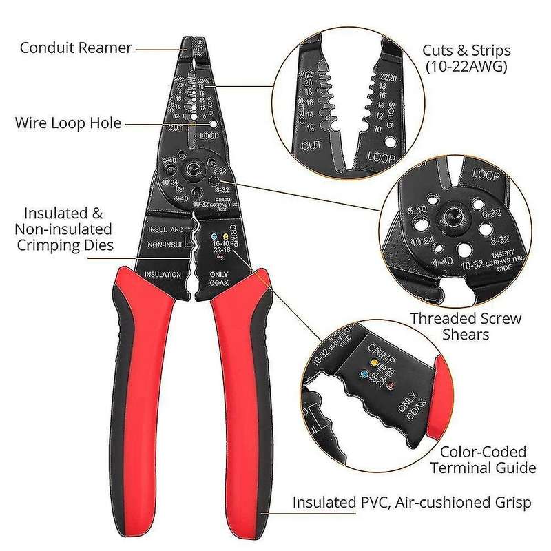 8 Inch Wire Stripper Crimper Cutter 10-22 Awg Multi-function Tool Kit