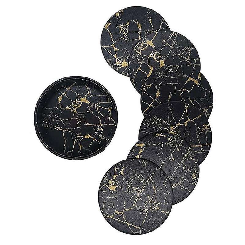 6pcs Pu Leather Marble Coaster Drink Coffee Cup Mat Round -3