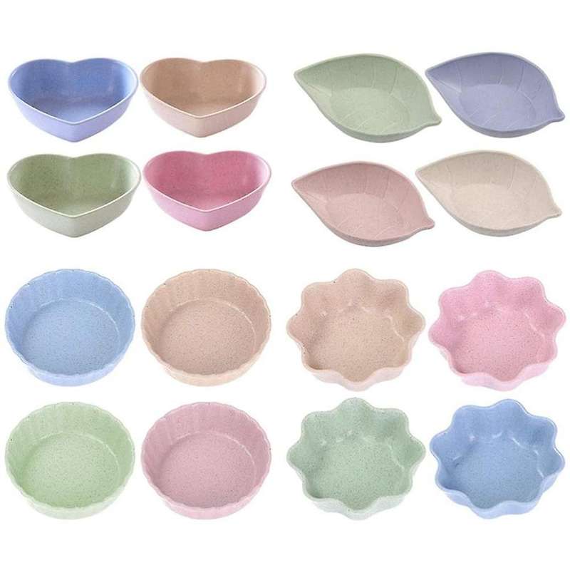 16pcs Wheat Straw Pickles Leaf Heart Round Mustard Tomato Sauce Bowl