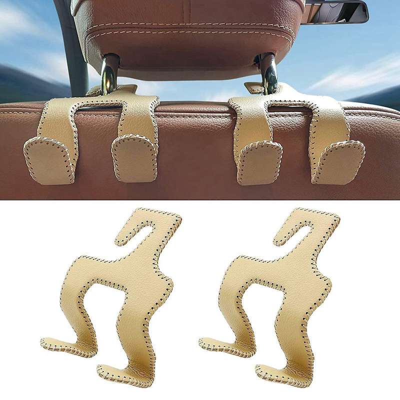 2pcs Car Headrest Hooks Pu Back Seat for Purses,grocery, Coats Beige
