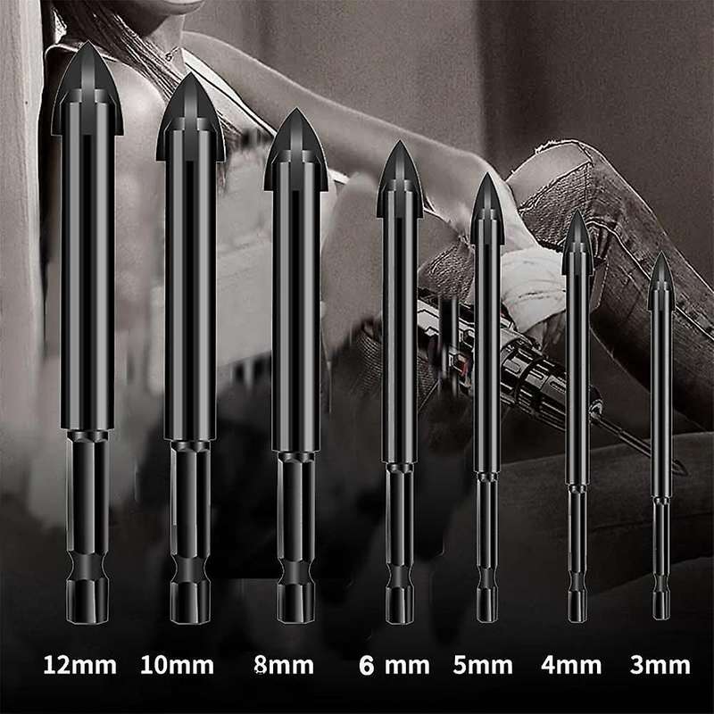 7 Piece Black Cross Triple-cornered Drill Bit Carbide Tip Spear Head