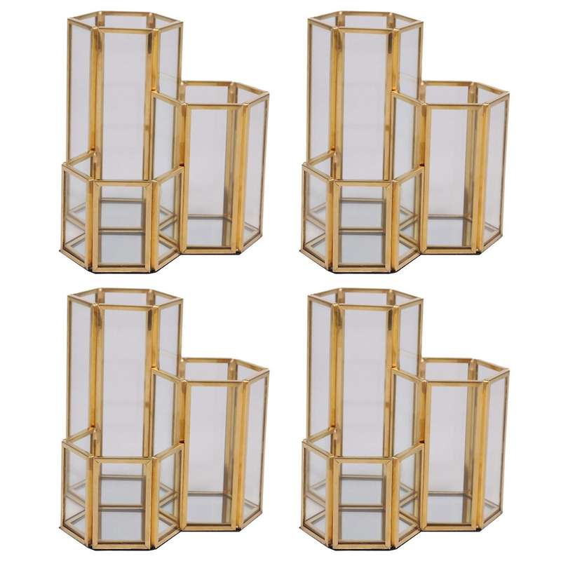 4x Glass Copper Hexagon Composite Pen Holder Makeup Brush Glass Box
