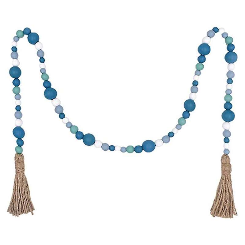 Blue Wood Bead Wreath, Nautical Farmhouse Country Style Beaded