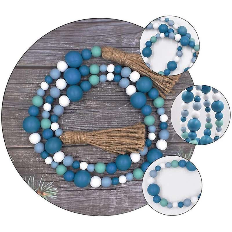 Blue Wood Bead Wreath, Nautical Farmhouse Country Style Beaded