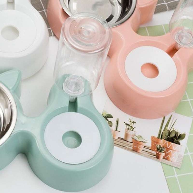 Double Dog Cat Bowls - with Automatic Waterer Bottle Pink