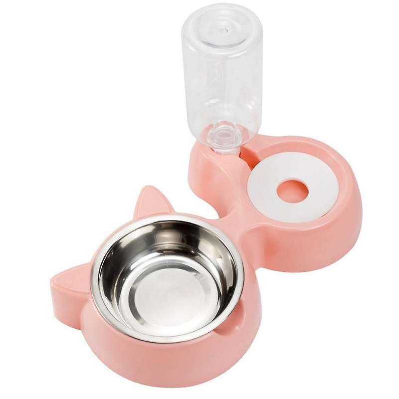 Double Dog Cat Bowls - with Automatic Waterer Bottle Pink