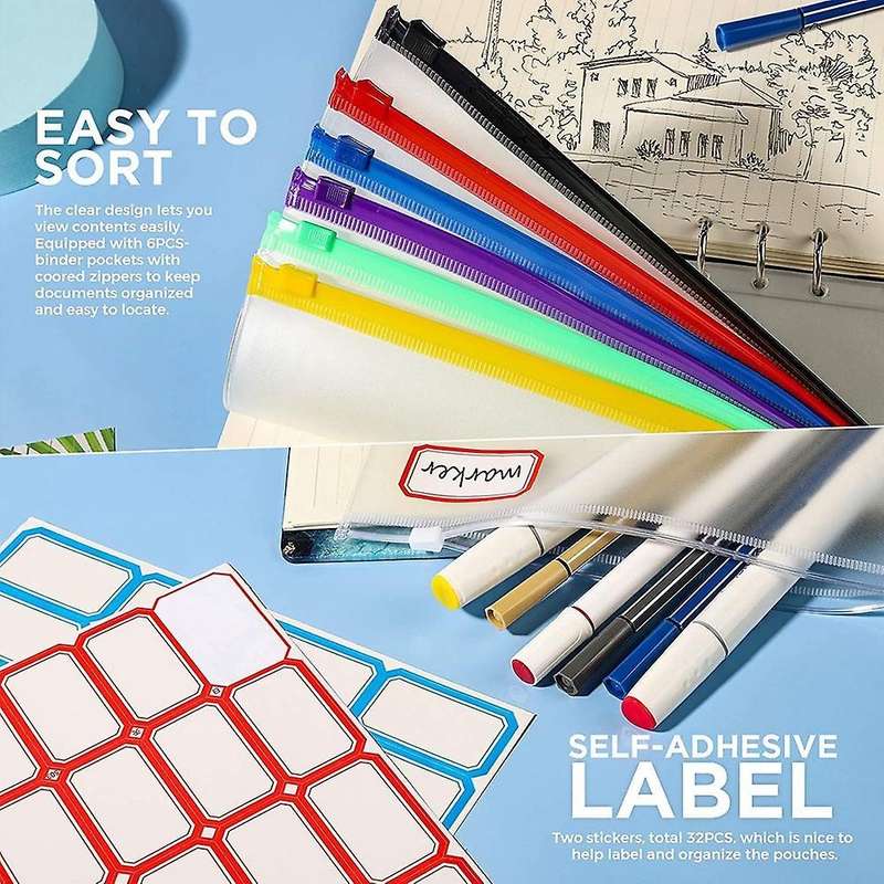12 Transparent Bags, 6 Zipper , for 6 Binder Cash Budget, Waterproof
