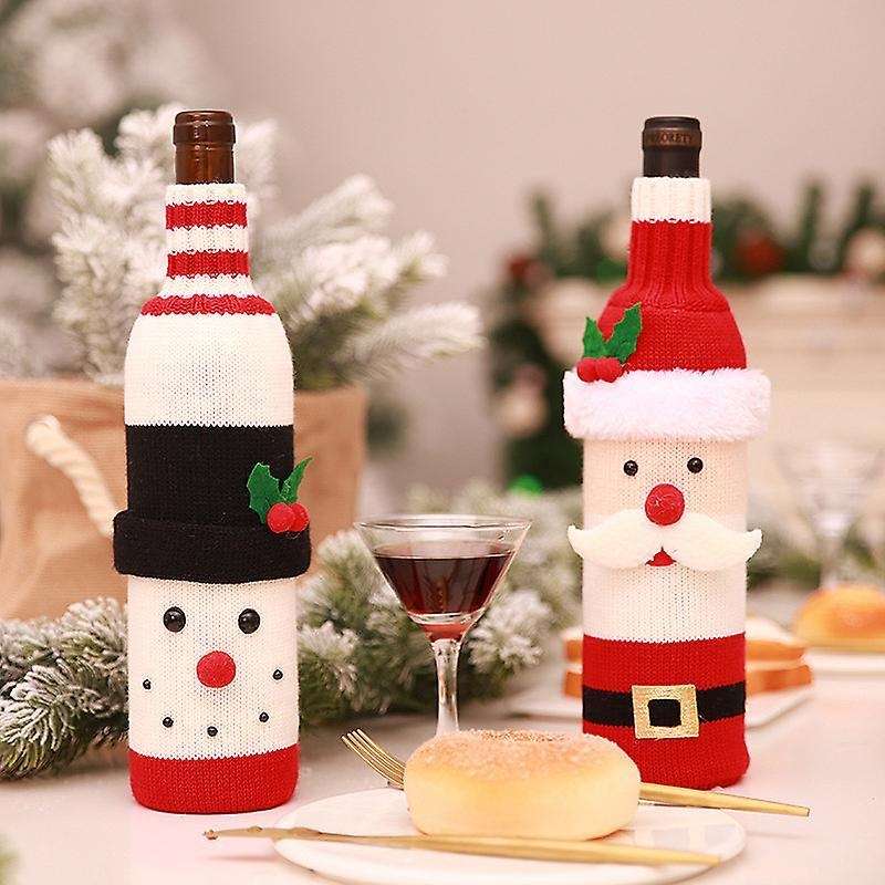 2 Pcs Wine Bottle Cover Knitted Set for Christmas Decorations