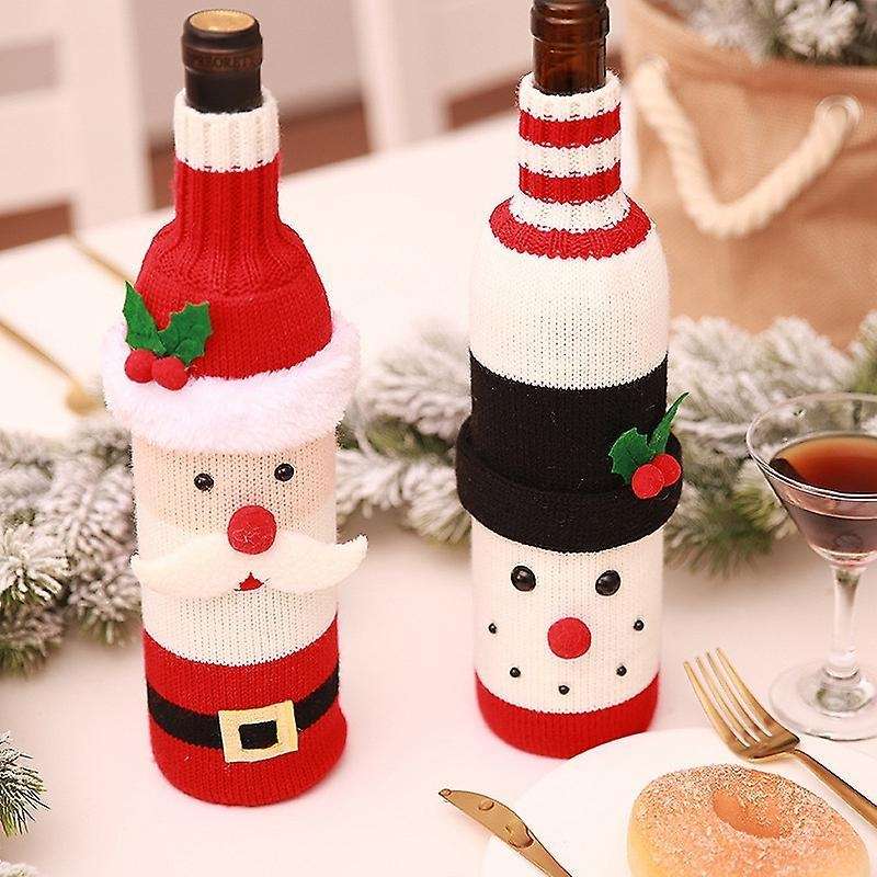2 Pcs Wine Bottle Cover Knitted Set for Christmas Decorations