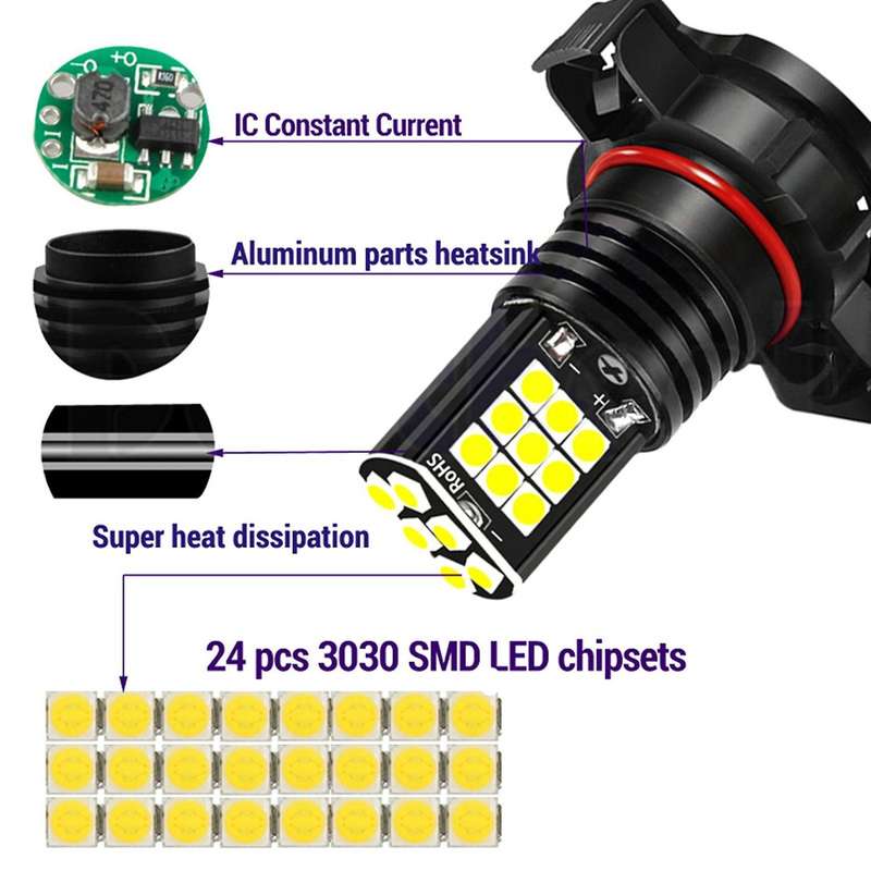 2pcs Fog Light Psx24w H16 Pwy24w Psy24w S19w Led Bulbs 3030 24smd