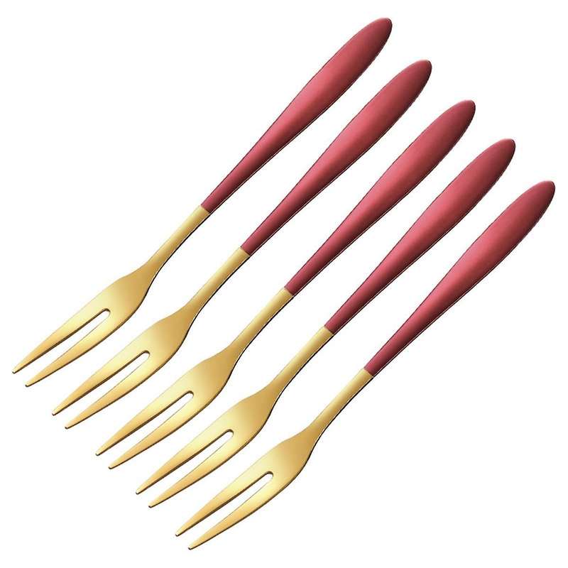 5pieces Of 5inch Stainless Steel Fruit Fork Two Tooth Fork Red Gold