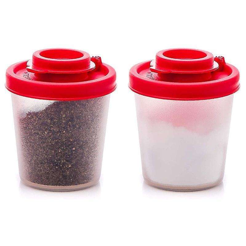 2 Medium Salt and Pepper Shakers with Red Covers Lids Jar Dispenser