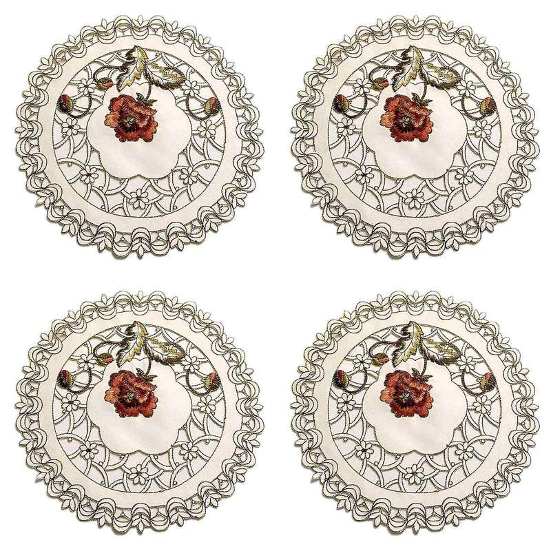 Set Of 4 Round Floral Placemats White Vintage Embroidered Lace