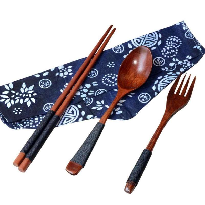 Vintage Wooden Chopsticks Spoon Fork 6pcs Set Western Tableware