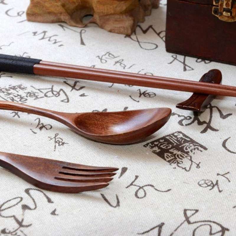 Vintage Wooden Chopsticks Spoon Fork 6pcs Set Western Tableware
