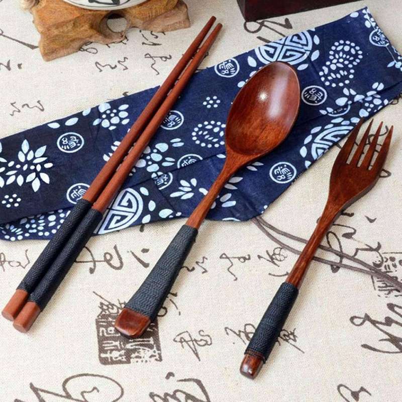 Vintage Wooden Chopsticks Spoon Fork 6pcs Set Western Tableware