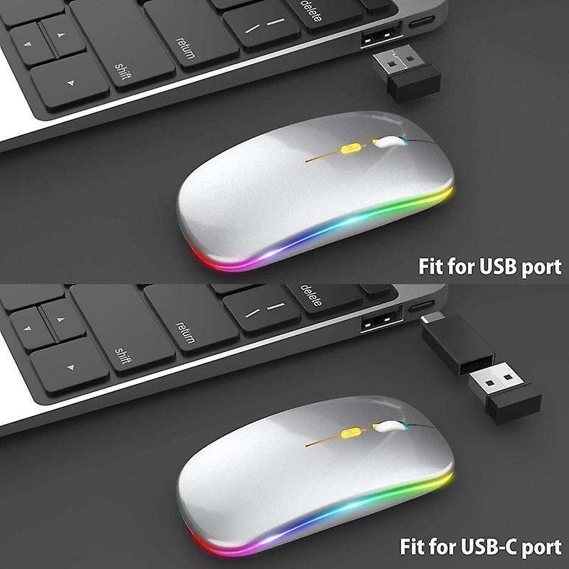 Led Wireless Mouse,with Usb & Type-c Receiver, for Laptop(silver)