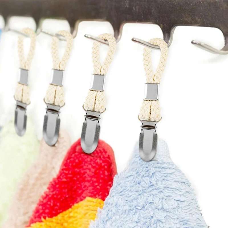 4pcs Braided Cotton Loop Towel Clip with Metal Clamp Multipurpose