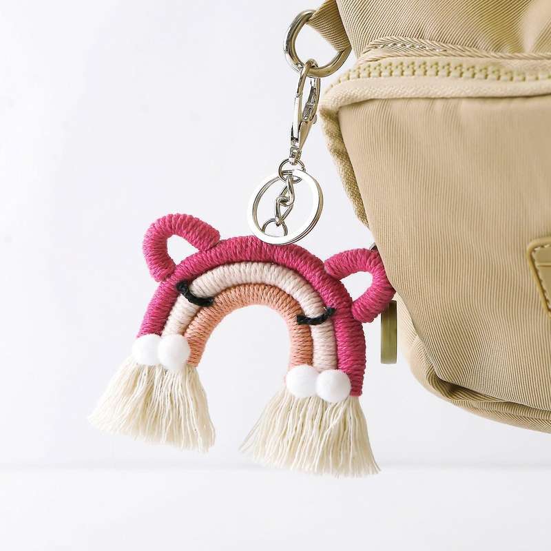 Cute Cat Rainbow Weaving Tassel Keychain Car Keyring Holder, C