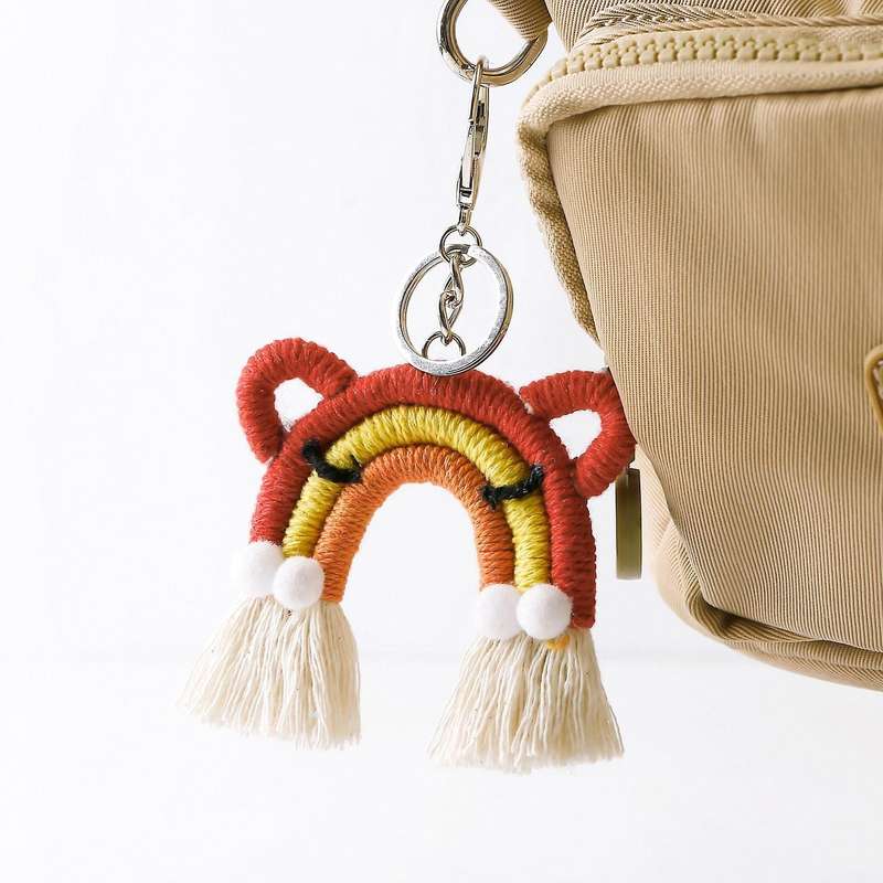 Cute Cat Rainbow Weaving Tassel Keychain Car Keyring Holder, C