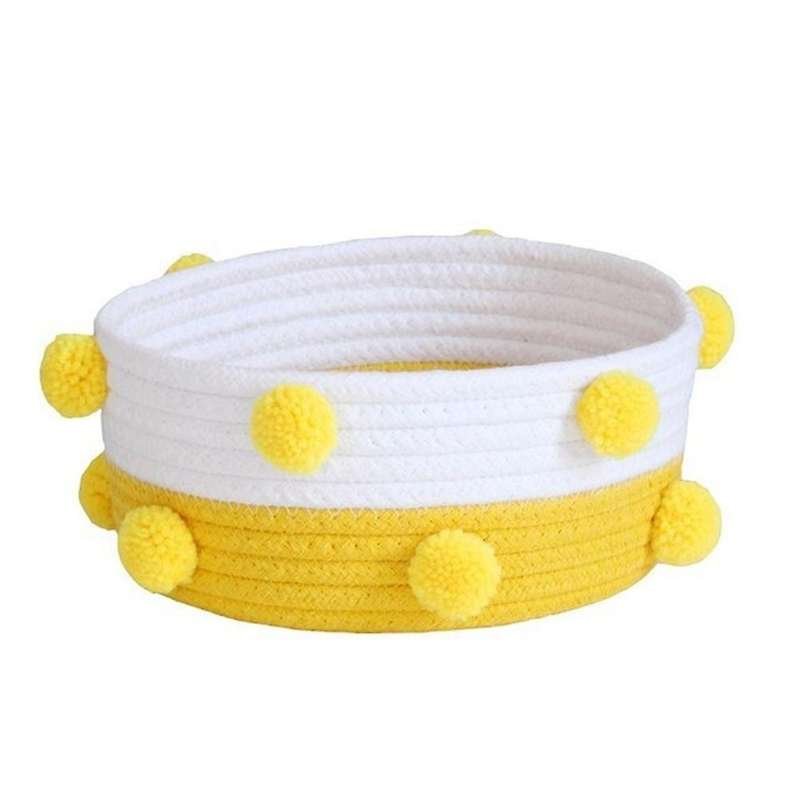 Household Pompon Storage Basket Woven Laundry Basket Yellow