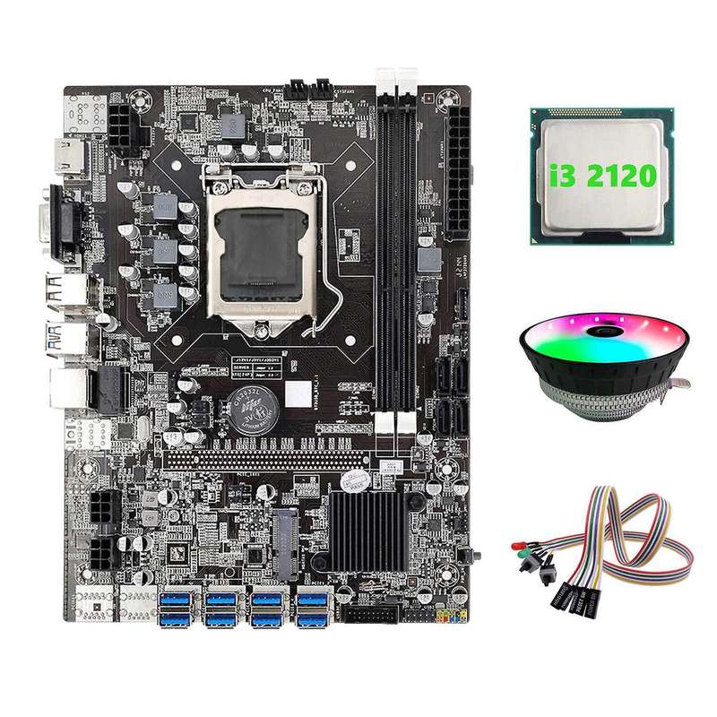 B75 Eth Mining Motherboard 8xpcie to Usb+i3 2120 Cpu+rgb Fan