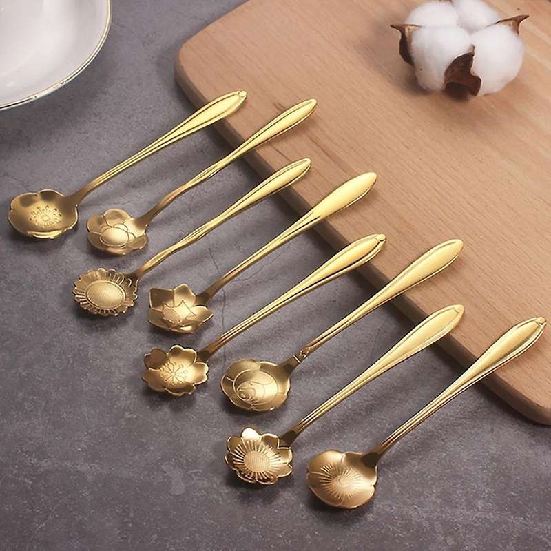 8pcs Flower Spoon Coffee Teaspoon Set Stainless Steel Dessert Spoon