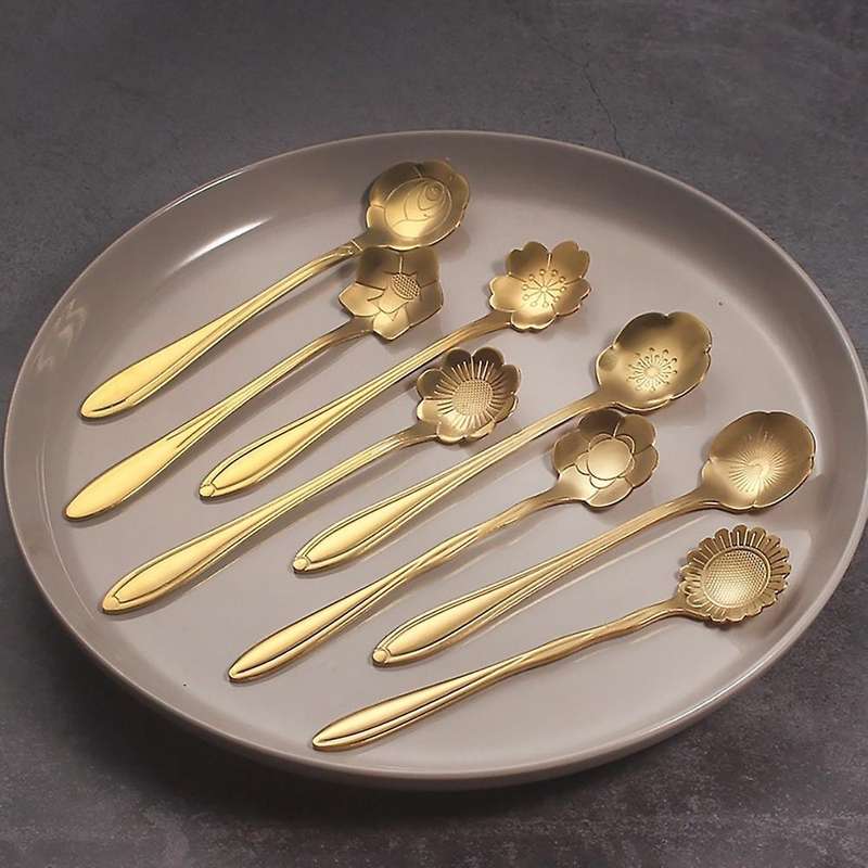 8pcs Flower Spoon Coffee Teaspoon Set Stainless Steel Dessert Spoon