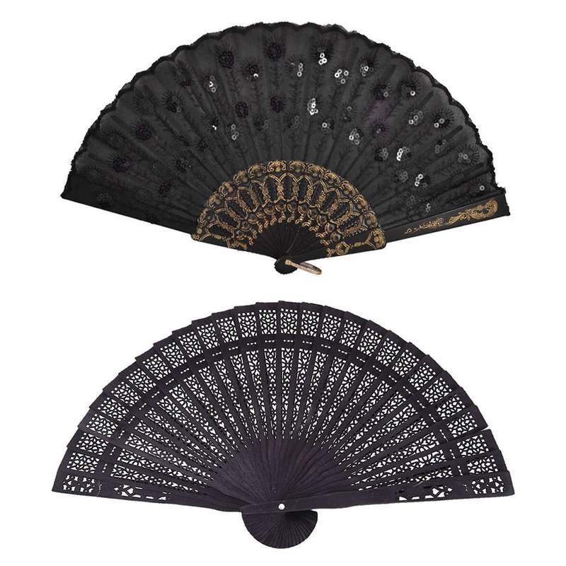 Black Plastic Frame Embroidery Floral Detail Folding Hand Fan