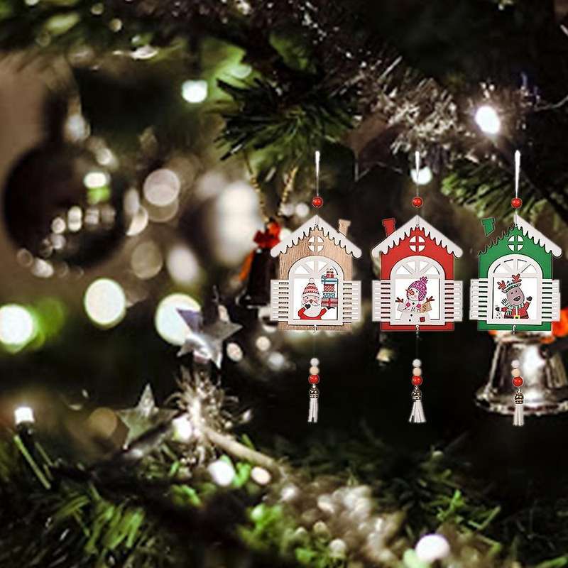 3pcs Christmas Tree Or Room Decoration Tassel House Wooden Pendant