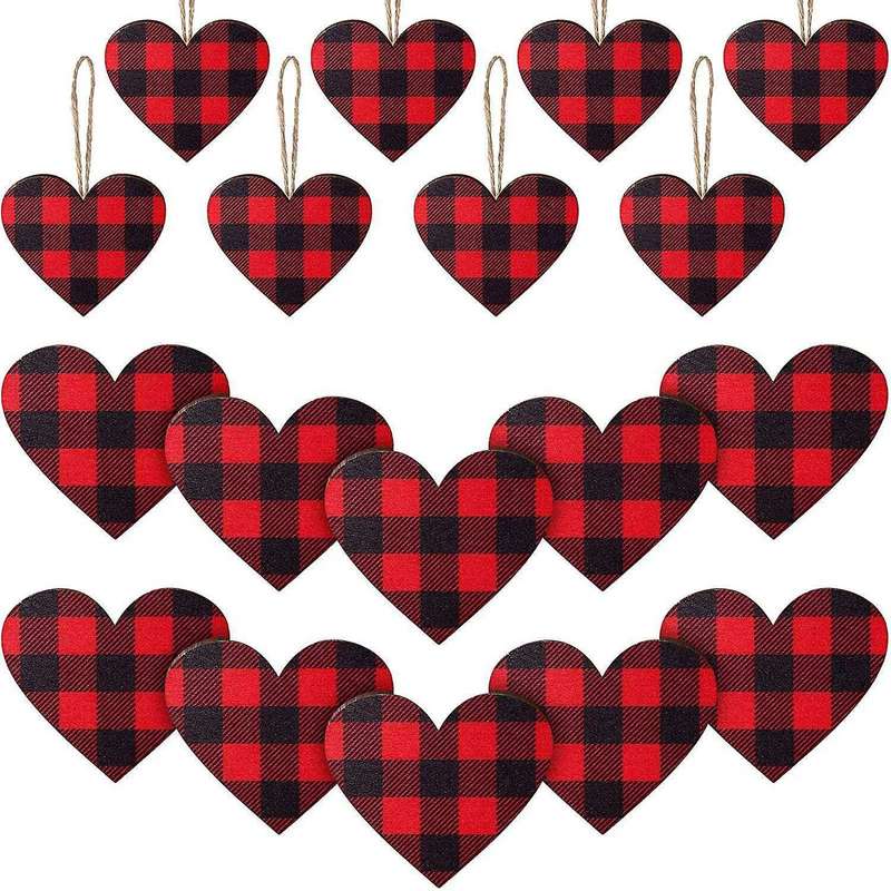 Red Buffalo Plaid Ornament Wooden Slice for Valentine's Day Decor