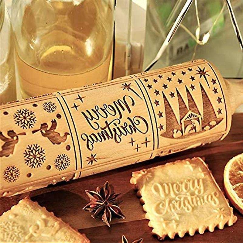 Nativity Pattern Xmas Christmas Wooden Embossing Rolling Pin