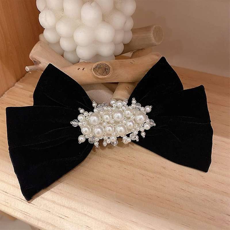 2pcs Bowknot Pearl Clip Headdress Sweet Girl Heart Hairpin (black)