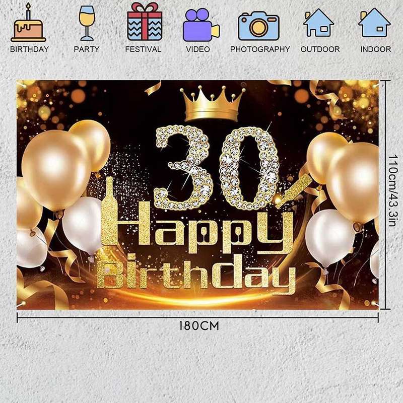 Black Gold Banner 30th Birthday Decoration Girl Birthday Background