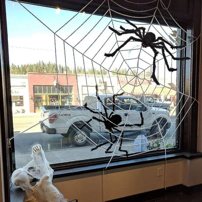Halloween 12 Ft Spider Web and Hairy Spider Props with Stretch Cobweb