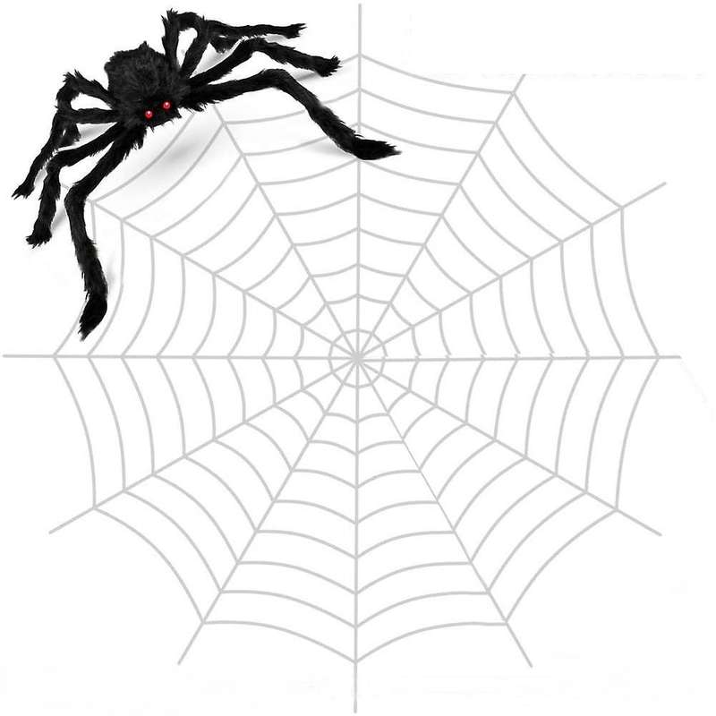 Halloween 12 Ft Spider Web and Hairy Spider Props with Stretch Cobweb