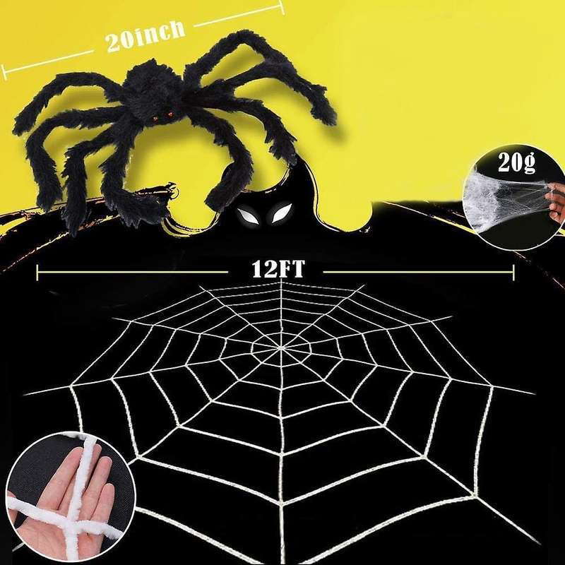 Halloween 12 Ft Spider Web and Hairy Spider Props with Stretch Cobweb