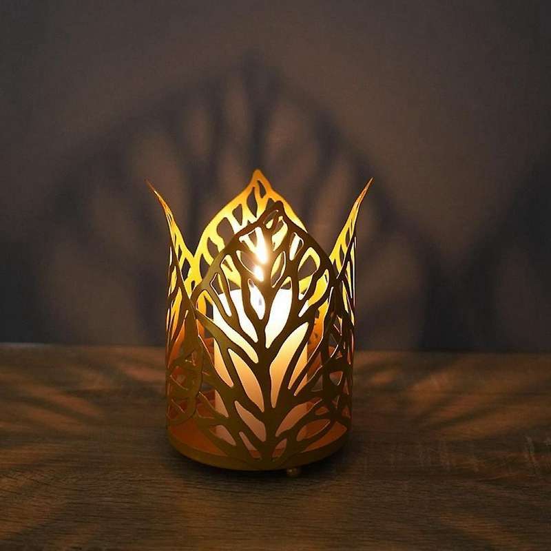 Nordic Iron Hollow Leaf Candlestick Wrought Iron Holder Decor (gold)