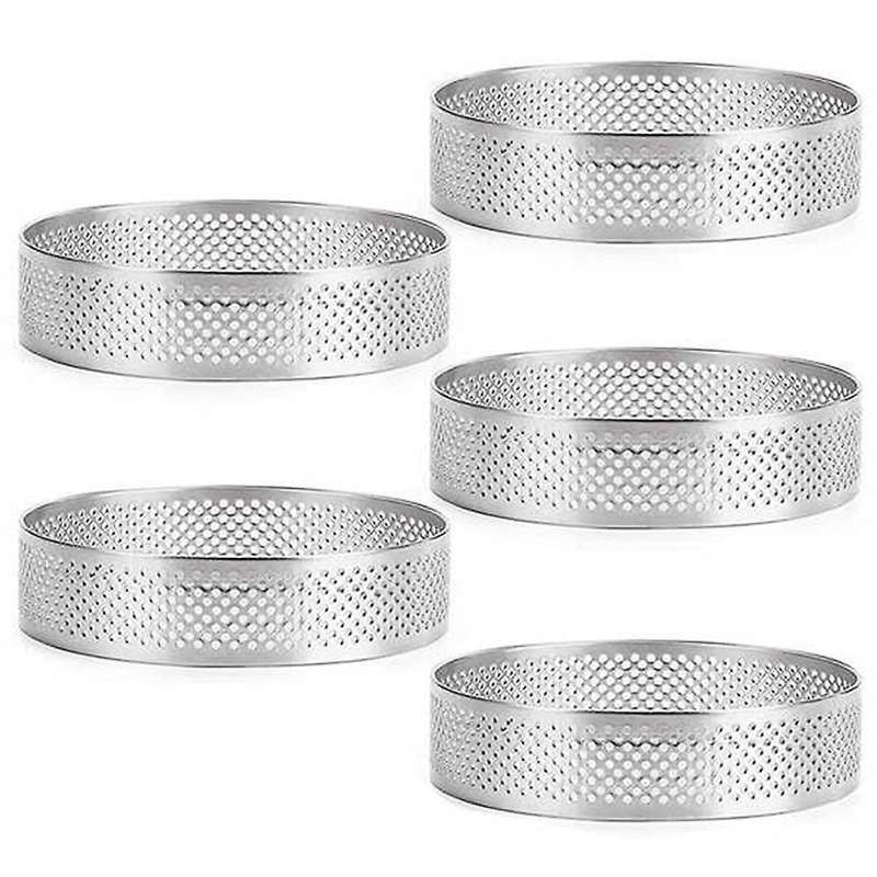 5pcs Circular Tart Rings with Holes Stainless Steel Cake Mould 9cm