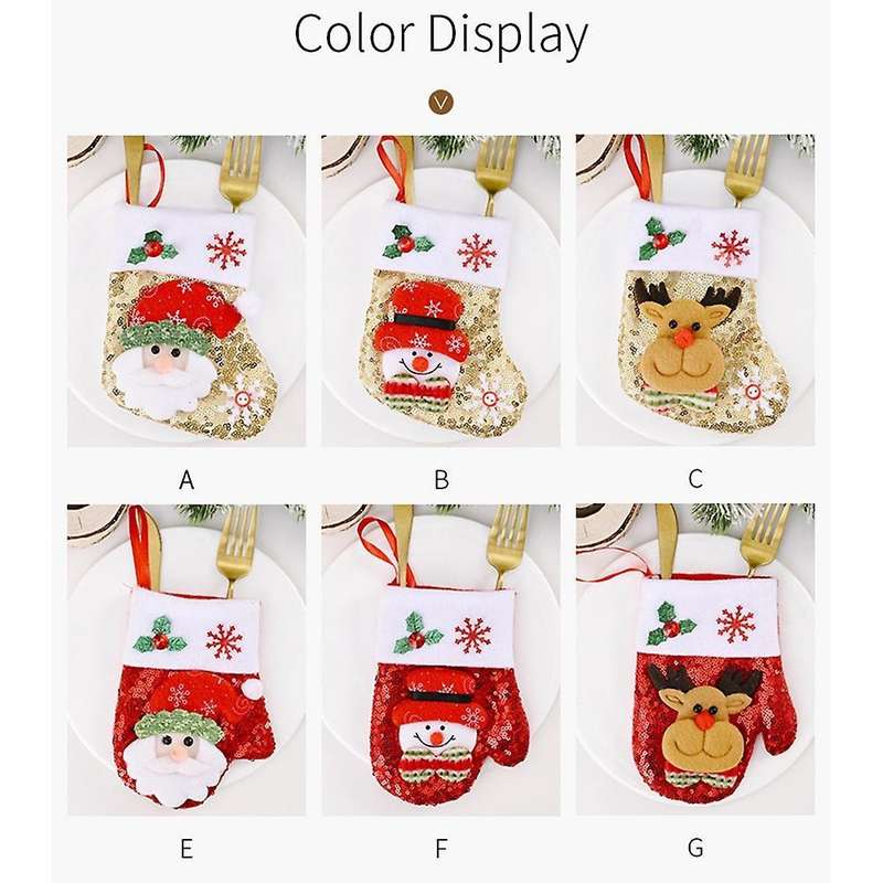 6pcs Santa Snowman Elk Sequin Cutlery Bag Christmas Stocking Pendant