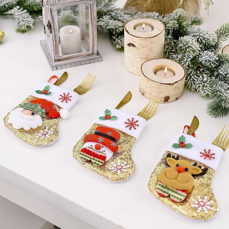 6pcs Santa Snowman Elk Sequin Cutlery Bag Christmas Stocking Pendant