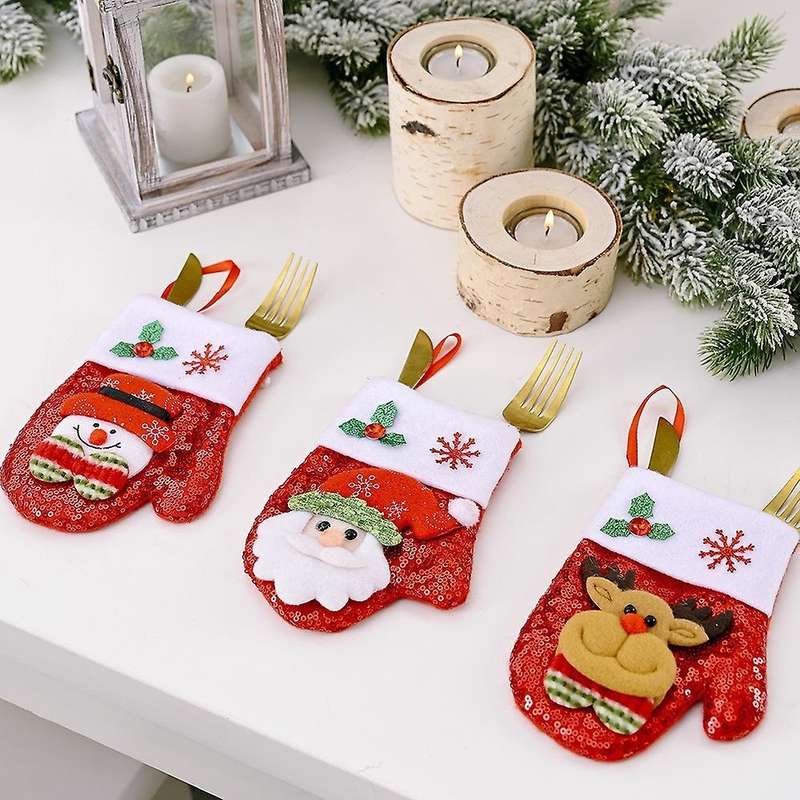 6pcs Santa Snowman Elk Sequin Cutlery Bag Christmas Stocking Pendant