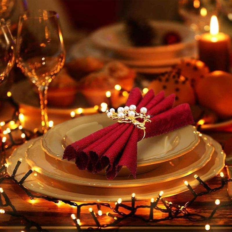 Gold Napkin Rings Set Of 6, Christmas Deer and Snowflakes Napkin